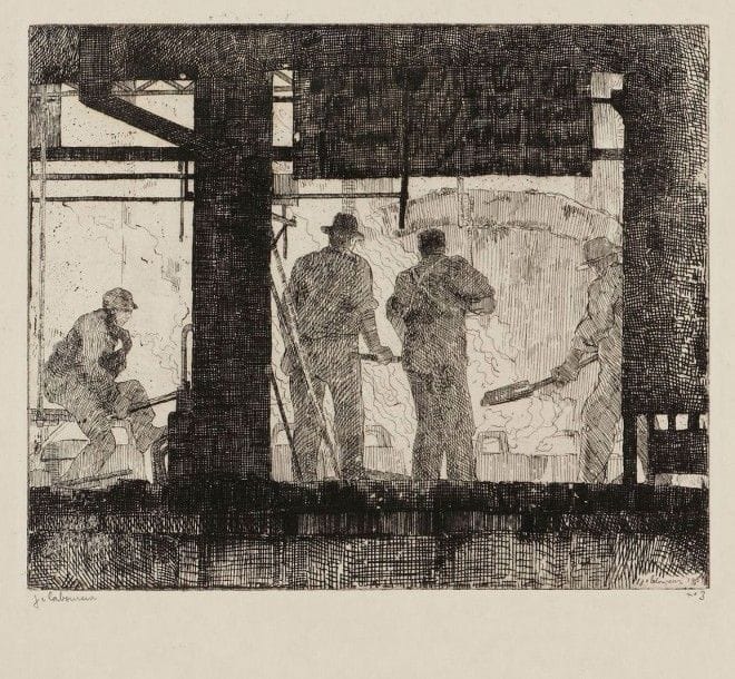 Jean-Emile LABOUREUR (1877-1943)

In the Pittsburgh Mills. 1906. Eau-forte. Format du recueil: 310 x 360. Laboureur 53 à 62. Suite complète de 10 sujets sous couverture imprimée décorée. Très belles et fraîches épreuves sur simili-japon fort, numérotées et signées au crayon. Empoussiérage et rousseurs à la couverture. Rare. Ex-coll. H.-M. Petiet