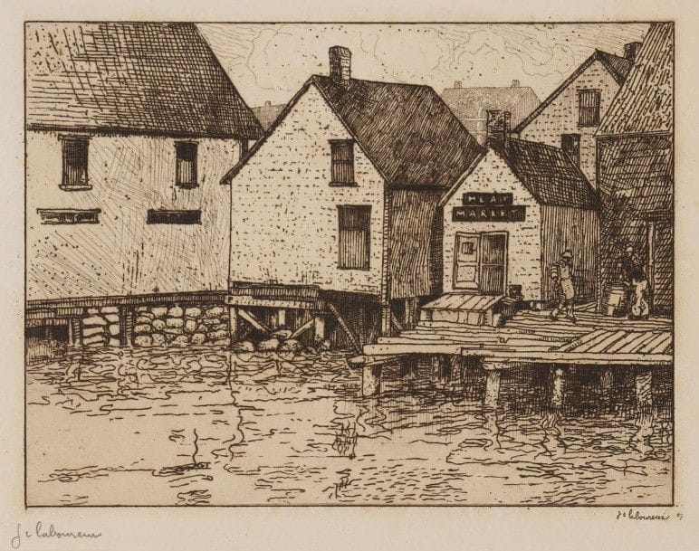 Jean-Emile LABOUREUR (1877-1943)

Coin de port, Nouvelle-Écosse. 1907. Eau-forte. 190 x 152. Laboureur 66. Très belle épreuve sur vergé crème filigrané «Ch. wittmann»,, signée et numérotée au crayon. Rousseurs claires et trace de pli souple dans l'angle supérieur droit du feuillet. Toutes marges. Rare. Tirage total à 14 épreuves. Joint: Le Bateau vert. 1906. Eau-forte. 132 x 118. Laboureur 64. Très belle épreuve sur vélin filigrané «Ch. Whatmann», signée au crayon. Forte oxydation à l'ouverture d'un ancien montage. Toutes marges. Tirage à 28 épreuves. Ex-coll. H.-M. Petiet. Ens. 2 p
