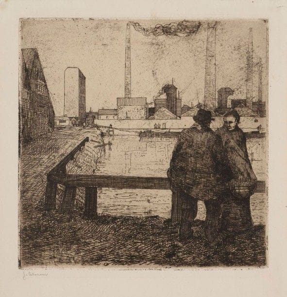 Jean-Emile LABOUREUR (1877-1943)

Le Bord du vieux canal, Nantes. 1903-1908. Eau-forte. 238 x 238. Laboureur 81. Très belle épreuve tirée en noir bistré sur vergé, signée au crayon puis annotée dans l'angle inférieur gauche. Toutes marges
