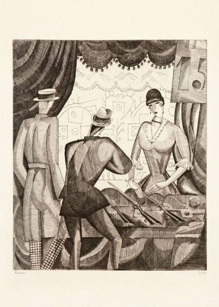 Jean-Emile LABOUREUR (1877-1943)

Le Tir forain. 1920-1921. Burin. 224 x 267. Laboureur 191. Belle épreuve sur vergé crème, l'une des 7 du 3e état (sur 4), avant les nouvelles tailles sur les cibles, signée et numérotée au crayon. Quelques traces de plis souples et rares rousseurs. Tirage total à 108 épreuves