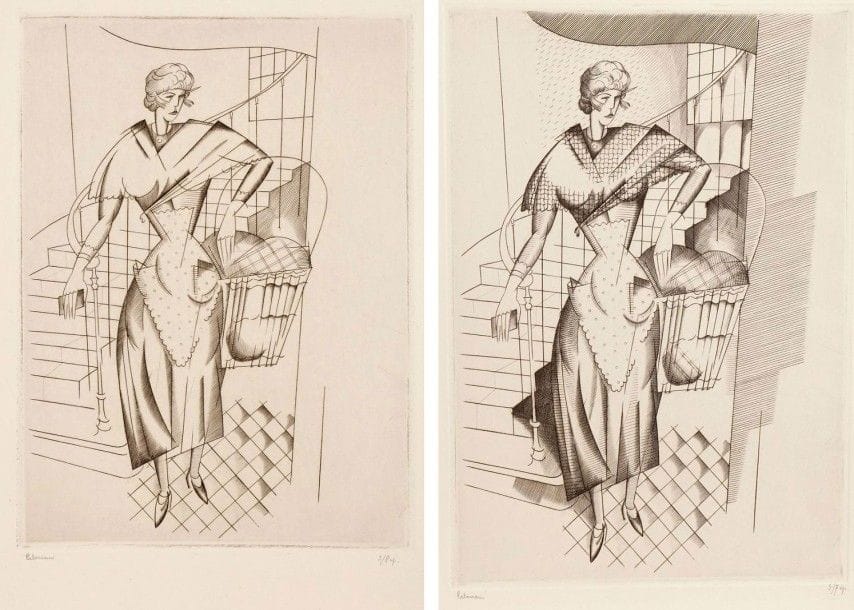 Jean-Emile LABOUREUR (1877-1943)

La Blanchisseuse. 1922. Burin. 180 x 250. Laboureur 229. Réunion de deux très belles épreuves des 1er et 2e états (sur 3), avant de nouveaux travaux, signées et numérotées au crayon puis annotées dans l'angle inférieur gauche. Toutes marges. Tirage définitif à 72 épreuves