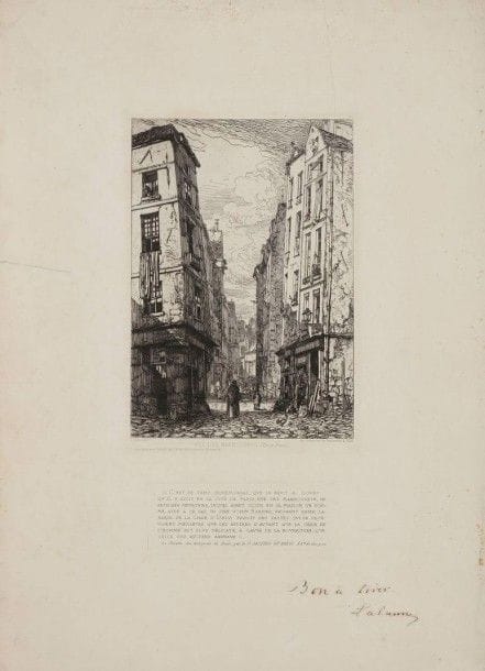 Maxime LALANNE (1827-1886)

Rue des Marmousets (pl. pour Vieux Paris). 1863-1864. Eau-forte. 175 x 255 (avec lame additionnelle en pied, 140 x 55). I.F.F. 4 [1]. Belle épreuve sur vergé ivoire, exceptionnellement annotée à la plume et à l'encre: «Bon à tirer» et signée. Rousseurs, empoussiérage, fin pli de tirage vertical et déchirure marginale de 55 mm au bord gauche du feuillet, consolidée au verso. Très grandes marges. Ex-coll. H.-M. Petiet