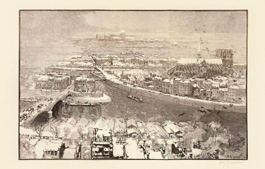AUGUSTE LEPERE (1849-1918)

Paris sous la neige, vu du haut de Saint-Gervais. Pl. pour Le Monde Illustré. 1890. Gravure sur bois. 454 x 302. Lotz-Brissonneau 230. Très belle et fraîche épreuve du tirage à 160 épreuves sur japon de la Manufacture Impériale, effectué par François-Louis Schmied à partir de 1917, signée au crayon. Un pli de manipulation au bord droit. Toutes marges