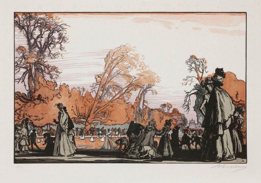 AUGUSTE LEPERE (1849-1918)

Le Bassin des Tuileries. 1898. Bois gravé. 335 x 220. Lotz-Brissonneau 265. Impression en couleurs à l'eau à la manière japonaise. Très belle épreuve sur vélin crème cotonneux, numérotée et signée au crayon. Plusieurs habiles restaurations dans deux angles du feuillet, visibles uniquement par transparence. Toutes marges. Ex-coll. Roger Marx (Lugt 2229) et H.-M. Petiet