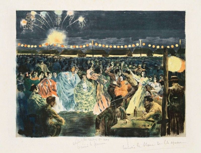 Alexandre LUNOIS (1863-1916)

Une nuit à Grenade (ou à Séville). Vers 1897. Lithographie. 387 x 285. I.F.F. 86. Impression en couleurs. Très belle et fraîche épreuve sur chine volant, non signée, l'indentation de la pierre très visible. Annotation à destination du tireur: «enlever les taches du bras baissé [de] la femme» et «bouché [sic] le blanc du chapeau». Infimes rousseurs claires et taches claires au verso. Courte déchirure au bord droit et traces de plis souples. Toutes marges