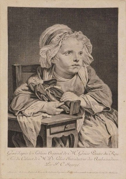 Jean-Baptiste Greuze (1725-1805) (d'après)

La Petite Fille au capucin de bois. 1766. Gravé par P.-Ch. Ingouf l'aîné «d'après le Tableau Original de Mr Greuze Peintre du Roy / Tiré du Cabinet de Mr De Lalive?» (aujourd'hui conservé au musée de Montauban). 173 x 245. I.F.F. 10. Belle épreuve revêtue du paraphe de Greuze à la plume et à l'encre au verso. Deux plis cassés en tête du feuillet. Rousseurs claires. Petites marges