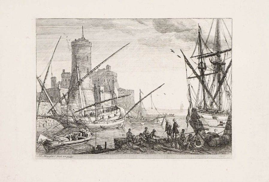 Adrien Manglard (1695-1760)

Le Port de mer à la tour ronde. 1753. Eau-forte. 310 x 220. Robert-Dumesnil 8. Très belle épreuve soigneusement lavée, avec le numéro. Toutes marges non ébarbées