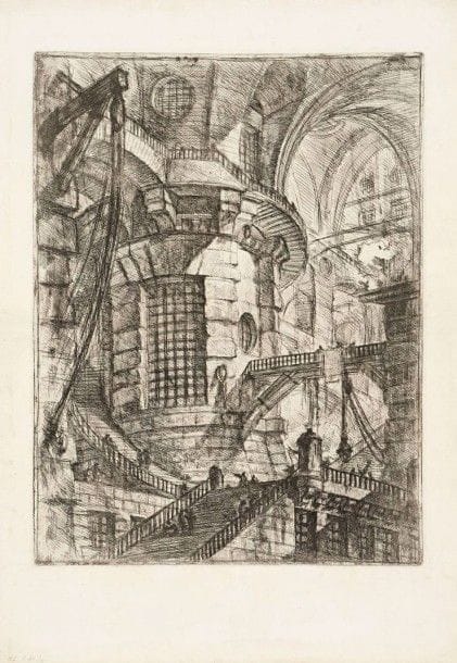 Giambattista PIRANESI (1720-1778)

La Tour circulaire. (Carceri, pl. III). Eau-forte. 535 x 408. Hind 3; Robison 30. Très belle épreuve du 1er état (sur 6), avant de nouveaux travaux, notamment le second pont à droite. Pli de séchage horizontal médian. Rousseurs claires. Deux petits trous dont un dans le sujet. Marge supérieure renforcée. Bord gauche déchiqueté. Fin long pli cassé en pied. Belles marges