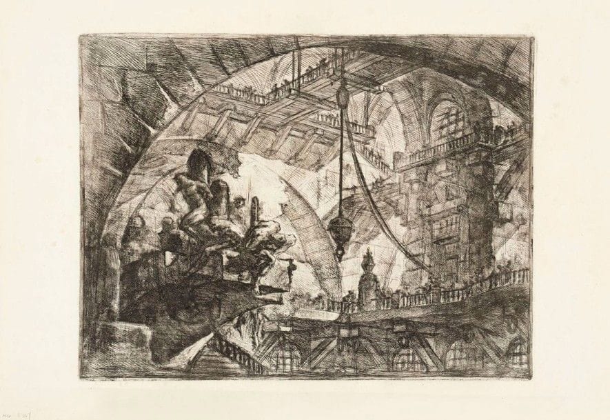 Giambattista PIRANESI (1720-1778)

Prisonniers sur un éperon. (Carceri, pl. X). Eau-forte. 535 x 408. Hind 10; Robison 36. Très belle épreuve du 1er état (sur 6), avant de nouveaux travaux, notamment la poutre et les chaînes à droite. Pli de séchage vertical médian. Rousseurs claires. Deux anciennes restaurations visibles au bord inférieur droit au verso. Légères traces de plis. Léger empoussiérage et infime trace de brûlure en pied. Toutes marges