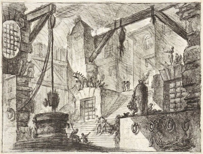Giambattista PIRANESI (1720-1778)

Le Puits. (Carceri, pl. XIII). Eau-forte. 550 x 408. Hind 13; Robison 39. Très belle épreuve du 1er état (sur 6), avant de nouveaux travaux, notamment la structure triangulaire au premier plan devant les personnages. Pli de séchage vertical médian (avec petite restauration en tête au verso). Rousseurs claires essentiellement visibles au verso. Une petite amincissure au verso, visible uniquement par transparence. Petites traces de colle dans les angles au verso. Marges étroites