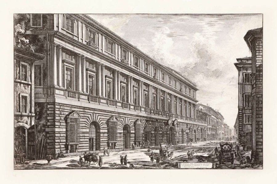 Giambattista PIRANESI (1720-1778)

Veduta del Palazzo Stopani (Palazzo Vidoni). 1776. Eau-forte. 750 x 520. Hind 128. Très belle épreuve du 1er état (sur 3), avant les numéros, finement doublée sur vélin mince. Auréoles claires d'humidité et traces de frottement en surface. Quelques petites rousseurs. Petits accidents marginaux habilement restaurés. Belles marges. Premier tirage parisien