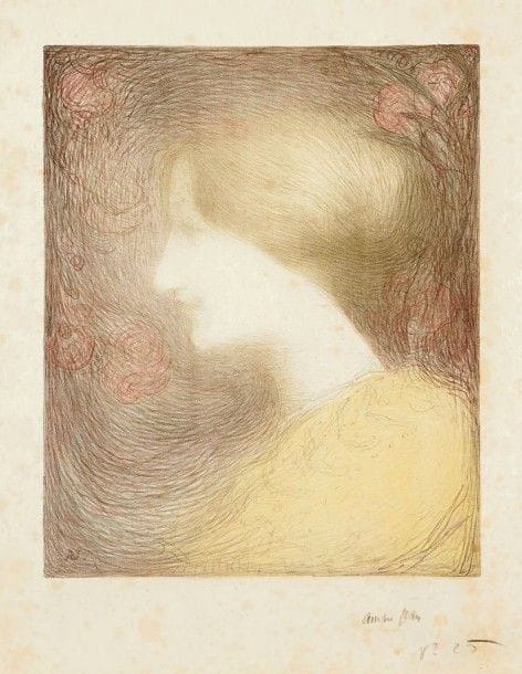 Edmond AMAN-JEAN (1858-1936)

Tête de femme, de profil à gauche. Vers 1897. Lithographie. 387 x 477. Johnson 2. Impression en couleurs. Belle épreuve sur japon, signée et numérotée au crayon. Fortes rousseurs éparses. Toutes marges non ébarbées. Plusieurs fins plis cassés. Tirage à 100 épreuves. A. Vollard éd