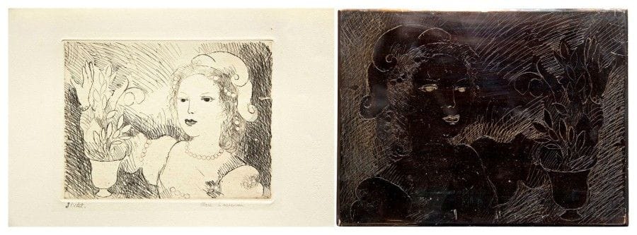 MARIE LAURENCIN

Tête de femme avec un vase. 1937. Exceptionnelle réunion de deux cuivres gravés, le 1er de la planche de trait à l?eau-forte, le 2e à la roulette pour l?impression en couleurs à la poupée, aciérés et vernis, les bords biseautés. Chaque 180 x 240. Marchesseau 182. Traces de rouille au verso. Joint : même sujet. Réunion de 3 parfaites épreuves, sur vélin blanc, la 1re à l?eau-forte pure, annotée « 3e état » par H.-M. Petiet et signée au crayon par l?artiste, la 2e d?un état demeuré inconnu à Marchesseau, combinant les deux plaques, en couleurs, la 3e contre-épreuve de la seule planche de trait, rehaussée aux crayons de couleurs et signée au crayon, annotée en pied par H.-M. Petiet : « Contre épreuve du 2e état ». Toutes marges