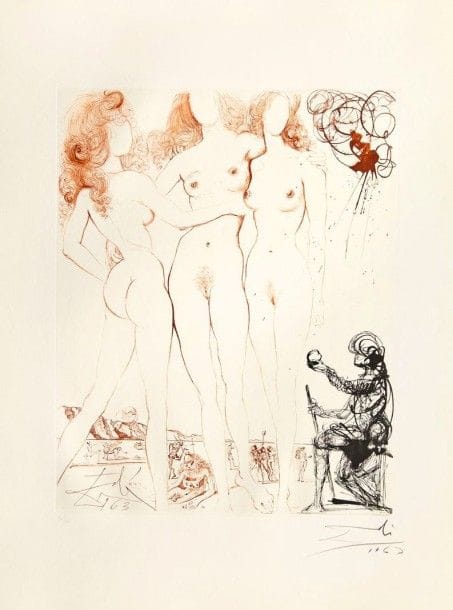 Salvador DALI

Le Jugement de Pâris. (Mythologie, pl. 8). 1963-1965. Héliogravure et pointe sèche. 505 x 403. Michler et Löpsinger 123 a. Impression en noir et sanguine. Très belle et fraîche épreuve sur vélin filigrané « Arches », numérotée, signée et datée « 1963 » au crayon. Fine trace d?oxydation aux bords du feuillet. Toutes marges. Tirage à 150 épreuves sur ce papier. Argillet éditeur