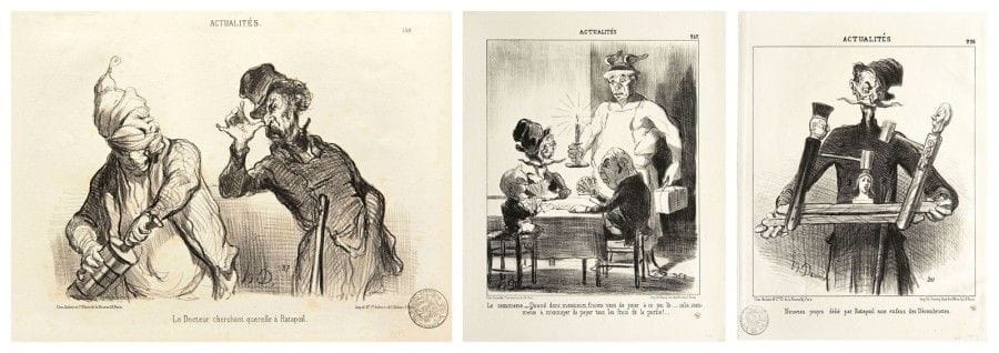 Honoré DAUMIER

 [Ratapoil]. Le Docteur cherchant querelle à ratapoil ; Ratapoil fesant [sic] de la propagande ; Ce bon Mr Ratapoil? etc. 1851. Lithographie. Formats divers. Delteil 2111, 2117, 2118, 2123, 2126, 2128, 2136, 2138, 2140, 2146, 2147, 2152, 2154, 2158, 2167, 2168 et 2169. Très belles épreuves. Rousseurs claires éparses. Courte déchirure à une pl. Timbre de douane dans l?angle inférieur droit ou gauche à la plupart. Timbres des collections G. Cognacq (Lugt 538d) à toutes et Suzanne Vouay (Lugt 2373c) à 5 pl. Toutes marges. Ens. 17 p