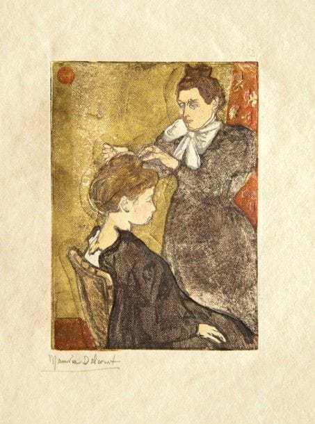 Maurice DELCOURT

La Coiffure. 1899. Bois gravé. 138 x 99. I.F.F. 4. Impression en couleurs. Très belle épreuve sur simili-japon fort, signée au crayon et annotée « tirée à 100 n° 9 ». Quelques rares rousseurs et traces de plis aux bords du feuillet. Toutes marges