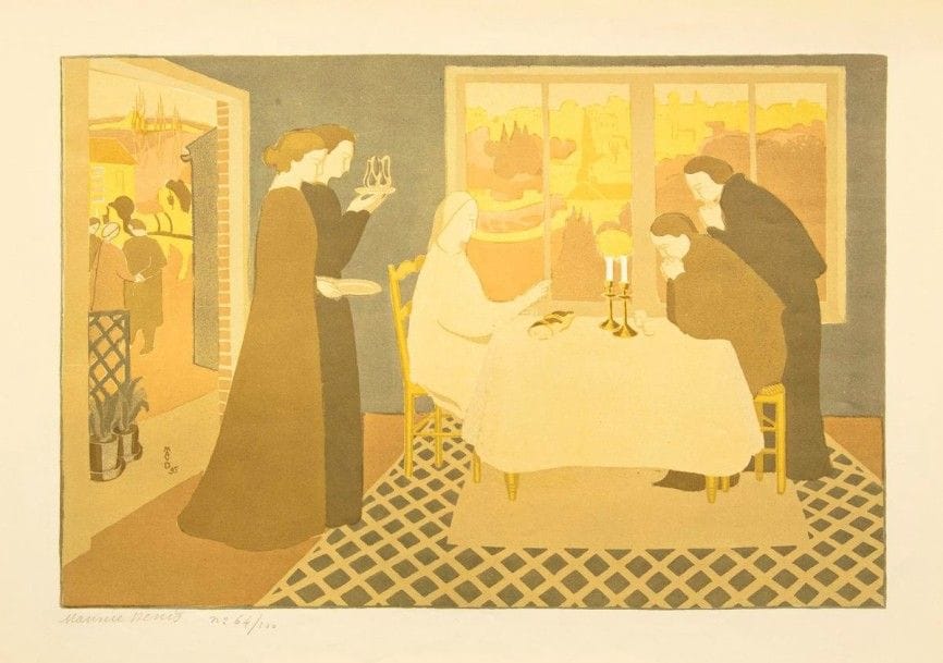 MAURICE DENIS

Les Pèlerins d?Emmaüs. 1895. Lithographie. 308 x 461. Cailler 84. Impression en couleurs. Très belle et fraîche épreuve sur vélin glacé ivoire, signée et numérotée au crayon. Une infime rousseur dans l?angle inférieur gauche. Légère oxydation au verso. Toutes marges. Tirage à 100 épreuves. A. Vollard éd