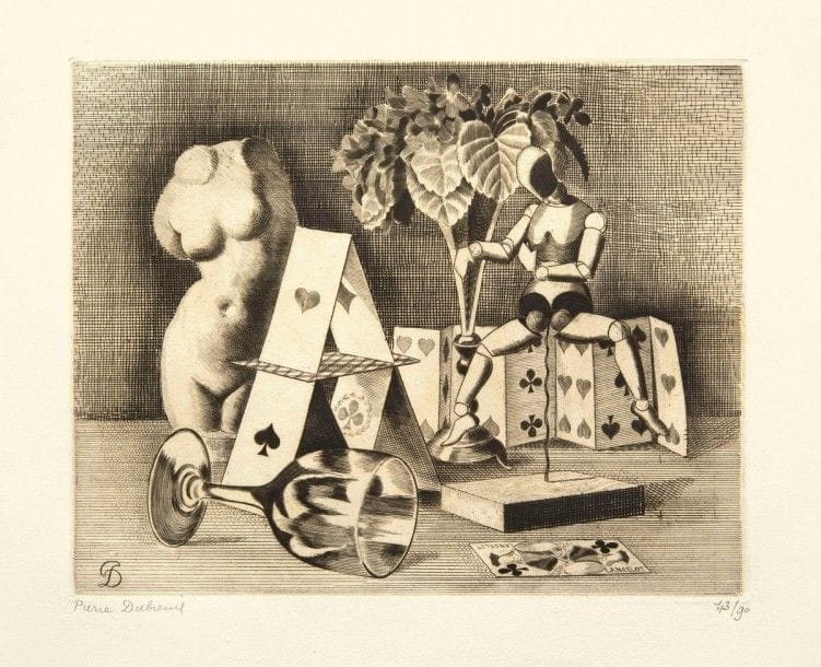 Pierre Dubreuil

Nature morte au château de cartes et au petit mannequin. Vers 1936. Burin. 235 x 298. I.F.F. 18-6. Parfaite épreuve sur vélin, signée et numérotée au crayon. Toutes marges. Tirage à 90 épreuves