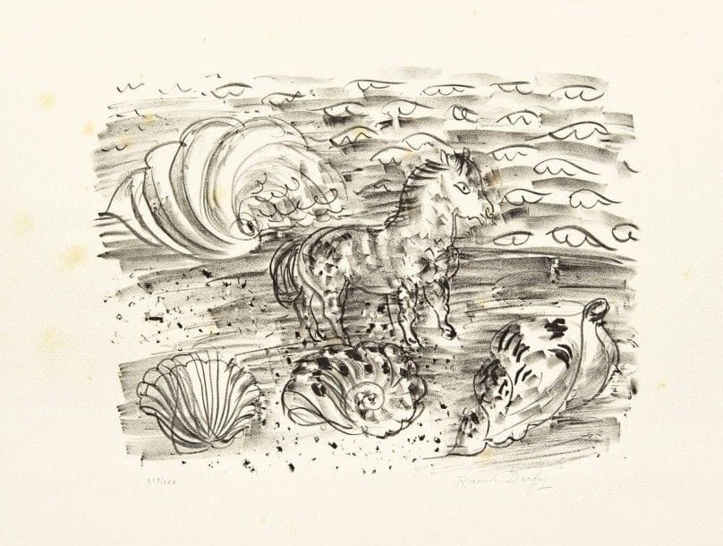 Raoul Dufy

Petit cheval marin ou Cheval aux coquillages. 1927. Lithographie. 258 x 350. I.F.F. 32. Belle épreuve sur vélin blanc, numérotée et signée au crayon. Larges rousseurs claires. Courte déchirure au bord droit, anciennement consolidée. Toutes marges. Tirage à 150 épreuves