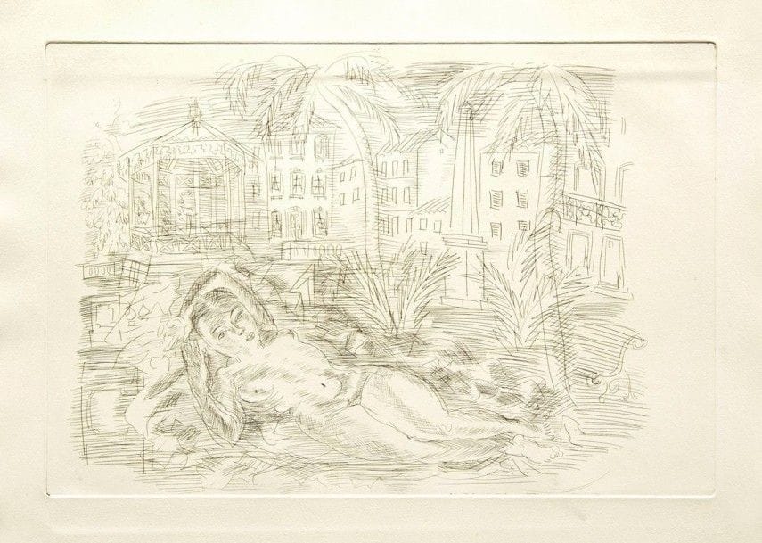 Raoul Dufy

Nu couché aux palmiers avec fond de Côte d?Azur ; Deux Antillaises. Vers 1930. Eau-forte. 338 x 493 et 340 x 496. Johnson 37 et 35. Très belles épreuves sur vélin fort. Infimes salissures et rares rousseurs marginales. Toutes marges non ébarbées. Tirage annoncé de la première à 250 épreuves, pour un album de nus non publié. Ens. 2 p
