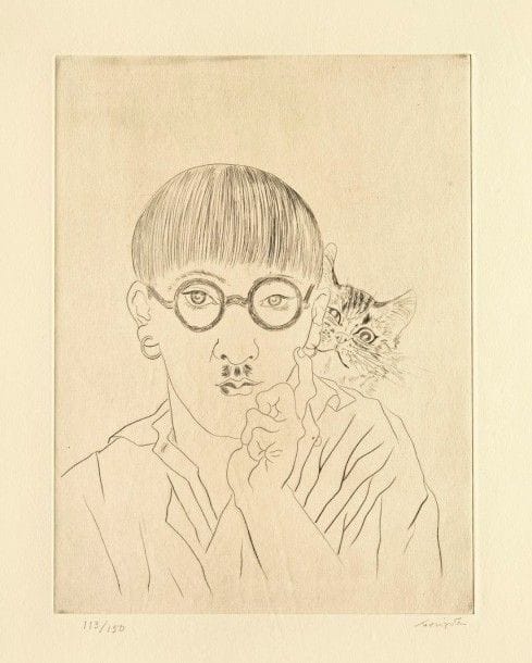 LÉONARD-TSUGUHARU FOUJITA

Autoportrait, le chat sur l?épaule. 1927. Pointe sèche. 330 x 247. Buisson 27-02. Très belle épreuve sur vélin crème fort, numérotée et signée au crayon. Fine bande d?oxydation en tête du feuillet. Toutes marges. Tirage à 150 épreuves. Timbre sec : Le Chien de Pique (Lugt non décrit)