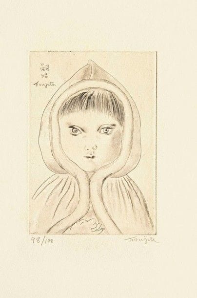 LÉONARD-TSUGUHARU FOUJITA

Fillette au capuchon, ou Enfant à la capeline. 1927. Eau-forte et roulette. 160 x 110. Buisson 27-63. Belle épreuve sur vélin blanc fort, numérotée et signée au crayon. Rousseurs claires. Toutes marges. Tirage à 100 épreuves pour L?Art d?aujourd?hui. A. Morancé éditeur