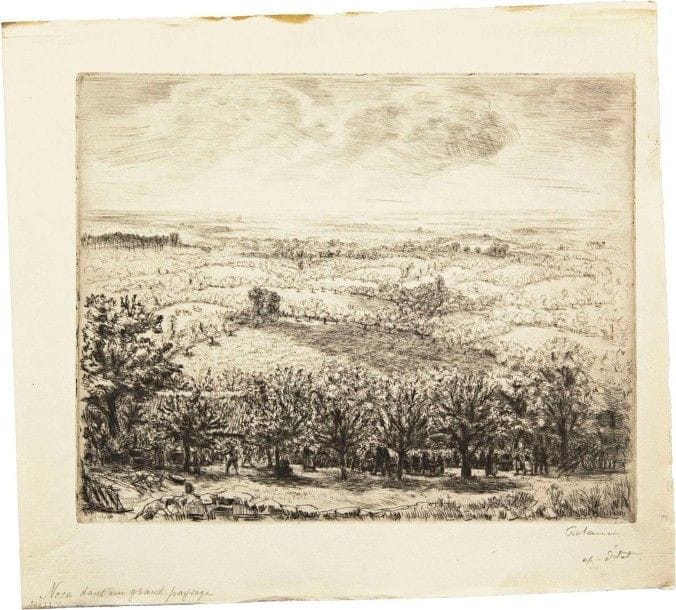 JEAN FRÉLAUT

Noce dans un grand paysage, ou Noce de campagne. 1933-1936 ; Les Trois pins. 1935. Eau-forte et pointe sèche. 255 x 323 et 167 x 217. Frélaut 363 et 419. Très belles épreuves sur vélin, signées au crayon, la 1re annotée « ep. d?état », la 2e numérotée. Toutes marges. Joint : Fenêtre de mon atelier. 1944-1946. Eau-forte et pointe sèche. 196 x 248. Frélaut 919. Très belle épreuve sur vélin, numérotée au crayon et non signée. Toutes marges. Ens. 3 p
