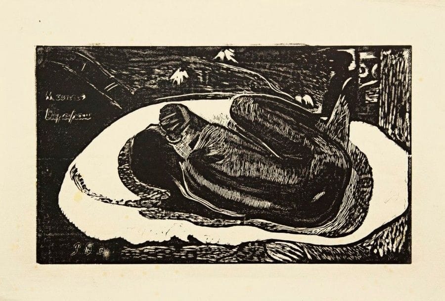 Paul GAUGUIN

Manao Tupapau (elle pense au revenant). 1893-1894. Bois gravé. 204 x 355. Mongan, Kornfeld et Joachim 20 IV E. Très belle épreuve sur japon, du tirage à quelques épreuves effectué en 1918 par Tony et Jacques Beltrand pour Druet. Rousseurs claires éparses. Timbre de douane dans l?angle inférieur droit au verso. Toutes marges non ébarbées