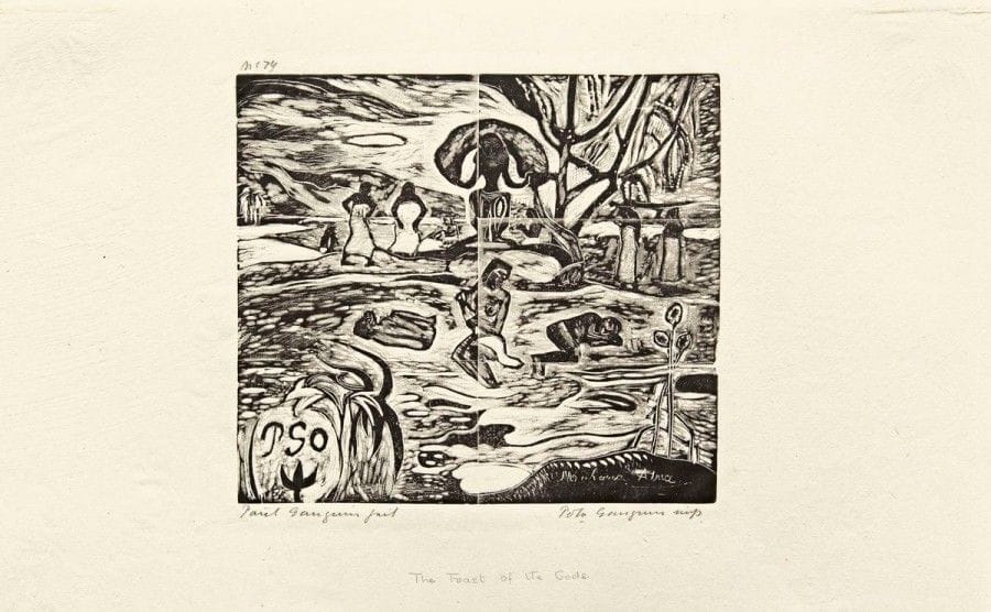 Paul GAUGUIN

Mahana Atua (Le Jour des dieux). 1894-1895. Gravure sur bois. 182 x 204. Mongan, Kornfeld et Joachim 31 II C b. Très belle épreuve sur chine volant, du tirage effectué par Pola Gauguin en 1921, numérotée au crayon au-dessus de l?angle supérieur gauche du sujet puis annotée « Paul Gauguin fait / Pola Gauguin imp. ». Inscription au crayon en pied. Étiquette de douane dans l?angle inférieur droit au verso. Toutes marges non ébarbées