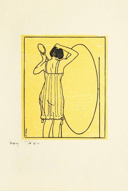 Jean-Emile LABOUREUR

Le Miroir ovale. 1911. Bois gravé. 150 x 123. Laboureur 656. Très belle épreuve sur japon mince, le fond tiré en jaune, signée au crayon. Petites décharges d?encre sous la signature. Toutes marges. Tirage total à 21 épreuves. Joint : L?Essuyage (Instantanés, pl. 2). 1911. Bois gravé. 184 x 102. Laboureur. 655-2. Très belle épreuve sur vélin crème, le fond tiré en vert vif. Rousseurs claires essentiellement visibles au verso. Toutes marges. Ens. 2 p