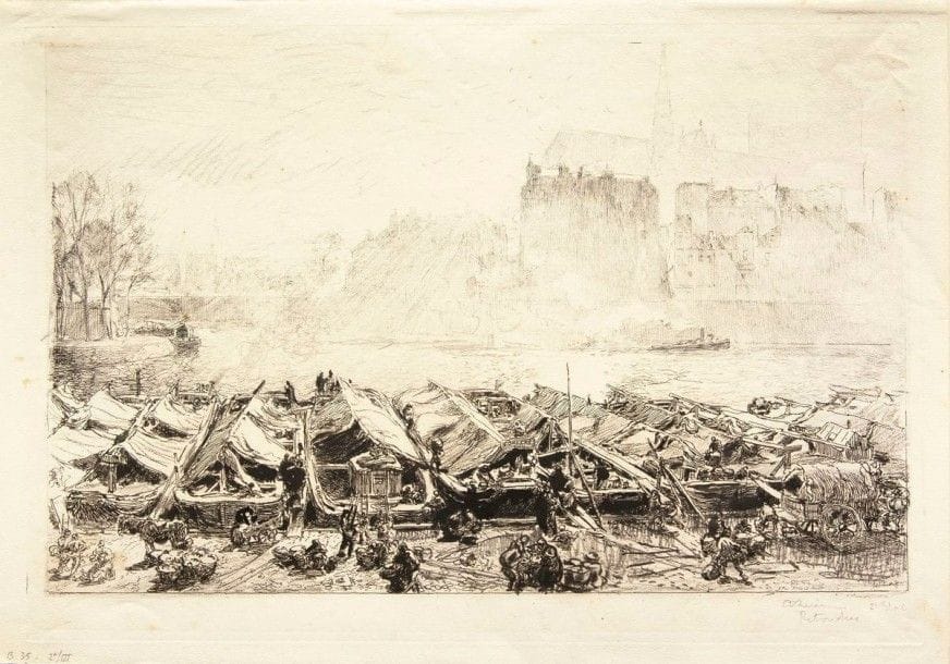Auguste LEPERE

Le Grand Marché aux pommes. 1891. Eau-forte. 318 x 466. Lotz-Brissonneau 35. Intéressante réunion de 4 épreuves sur différents papiers, les deux premières du 1er état (sur 3), à l?eau-forte pure, l?une d?elles largement retouchée à la plume et à l?encre, la 3e du 2e état, avec reprises à la mine de plomb dans le ciel, la dernière de l?état définitif, du tirage de 1917, signées à la plume et à l?encre ou au crayon, annotées et numérotées, les deux premières timbrées (Lugt 141), fortement oxydées. Menues salissures. Toutes marges à 3 pl. Ens. 4 p