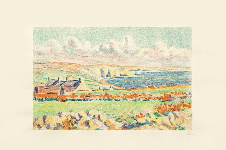 Maximilien Luce

Camaret. 1895. Lithographie. 253 x 391. I.F.F. 15. Impression en couleurs. Très belle et fraîche épreuve sur chine collé sur vélin crème, signée au crayon bleu par l?artiste, numérotée, paraphée et timbrée par l?éditeur G. Pellet dans l?angle inférieur droit (Lugt 1194 et 1190). Fortes bandes d?empoussiérage aux bords latéraux du support. Toutes marges. Tirage à environ 60 épreuves