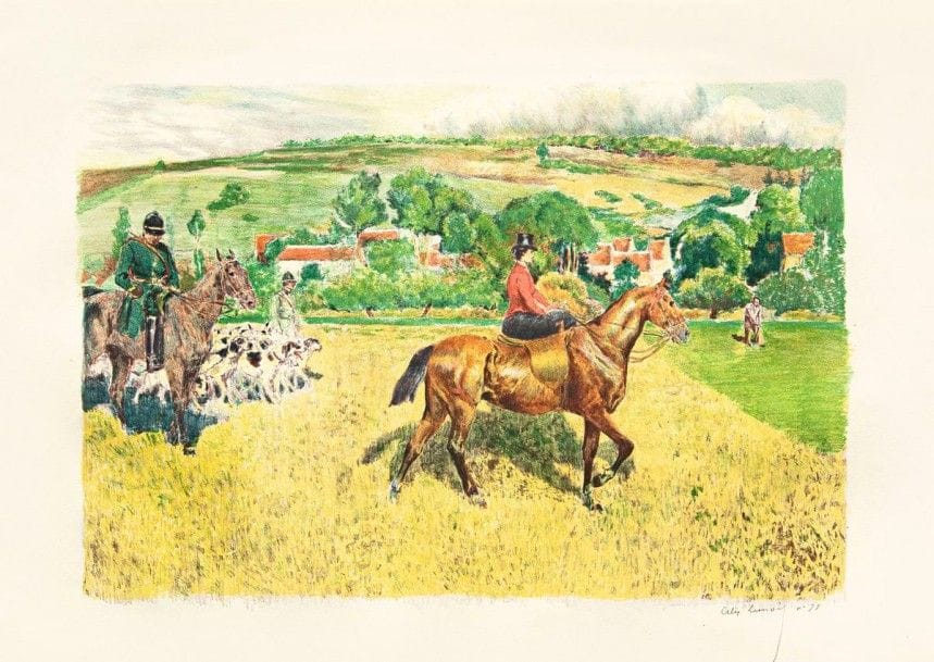 ALEXANDRE LUNOIS

Départ pour la Chasse à courre. 1897. Lithographie. 295 x 430. I.F.F. non décrit ; Johnson 73. Impression en couleurs. Parfaite épreuve sur vélin blanc mince, signée et numérotée au crayon. Toutes marges. Tirage à 100 épreuves pour l?Album d?estampes originales de la Galerie Vollard. Joint : même sujet. Épreuve de la pierre-clé tirée en noir sur chine volant. Rousseurs claires éparses. Toutes marges. Ens. 2 p