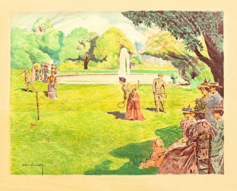 ALEXANDRE LUNOIS

La Partie de volant, ou Lawn Tennis. 1898. Lithographie. 380 x 503. I.F.F. 68 ; Johnson 74. Impression en couleurs. Très belle et fraîche épreuve sur vélin mince chamois, signée au crayon dans le sujet à gauche. Petite auréole claire d?humidité, traces de plis et quelques rousseurs aux bords du feuillet. Toutes marges. Tirage à 100 épreuves pour un album non publié. A. Vollard éditeur