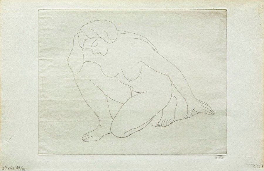 Aristide MAILLOL

Femme accroupie de dos. 1926 ; Femme agenouillée sur le genou gauche, le coude sur le genou droit. 1927 ; Souvenir du monument de Debussy. 1928-1929. Eau-forte. Formats divers. Guérin 322, 327 et 328. Parfaites épreuves sur vergé ancien, signées du monogramme au crayon, numérotées par l?éditeur, une annotée « 1er état ». Toutes marges. Ens. 3 p