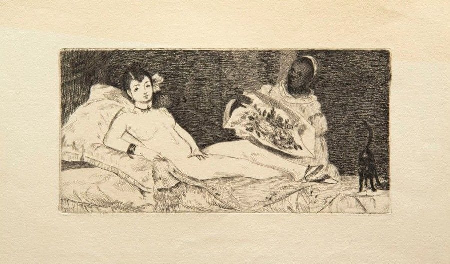 Edouard MANET

Olympia. 1867. Eau-forte. 88 x 179. Guérin 39 ; Bareau 47 ; Fisher 39 . Bonne épreuve sur vélin, du tirage pour l?ouvrage de Zola, Édouard Manet, Dentu, 1867. Trace d?oxydation dans la marge supérieure. Toutes marges. Joint : Olympia, 2e pl. Gravure sur bois par Moller d?après Manet. 130 x 184. Guérin 88. Très belle épreuve sur japon vergé mince. Quelques rousseurs claires. Toutes marges. Ex-coll. Guérin (selon annotation d?H.-M. Petiet sur le montage). Ens. 2 p