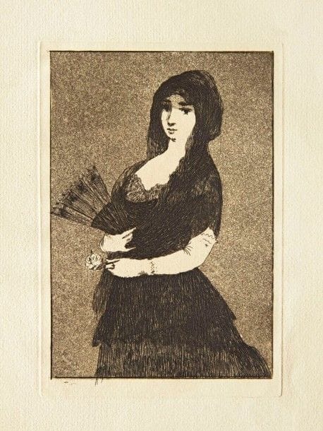 Edouard MANET

Fleur exotique, ou La Femme à la mantille. 1868. Eau-forte et aquatinte. 175 x 115. Guérin 51 ; Bareau 57 ; Fisher 46. Impression en noir bistré. Très belle et fraîche épreuve sur vergé, du tirage effectué pour Sonnets et Eaux-fortes. Toutes marges