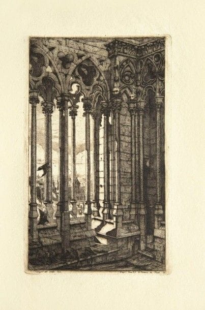 Charles MÉRYON

La Galerie Notre-Dame. 1853. Eau-forte et burin. 280 x 173. Delteil 26 ; Schneiderman 29. Très belle et brillante épreuve sur vergé ancien azuré, du 3e état (sur 6 selon Schneiderman), avant renforcement du trait carré en tête et avant les sept oiseaux additionnels entre les fûts de colonnes. Toutes marges