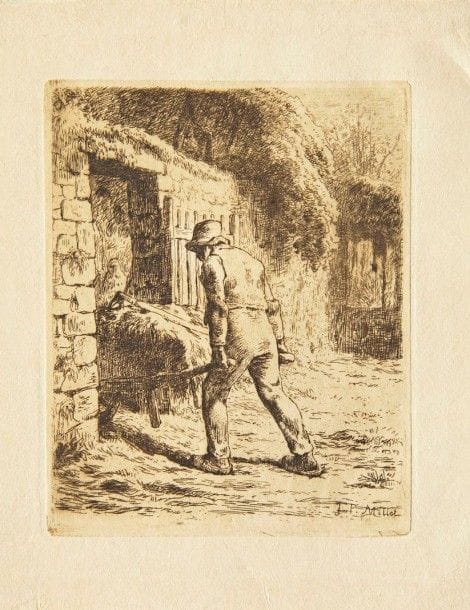 JEAN-FRANÇOIS MILLET

Le Paysan rentrant du fumier. 1855. Eau-forte. 160 x 134. Delteil 11. Impression en brun bistré. Très belle épreuve sur japon, le cuivre biseauté, d?un tirage postérieur effectué pour Keppel. Toutes marges non ébarbées