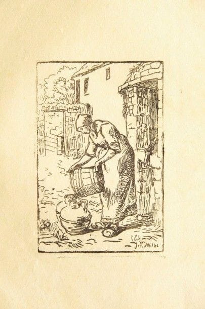 Jean-François MILLET (d?après)

 Femme vidant un seau. Bois gravé par Pierre Millet (frère de l?artiste). 146 x 95. Delteil 32. Très belle épreuve sur japon vergé mince. Trace d?oxydation aux bords du feuillet. Petits restes de papier gommé au bord gauche au verso. Toutes marges