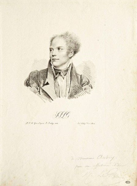 S.-J. (Sauveur ?)
LE GROS
SJLG (Portrait de l?artiste). 1818. Lithographie d?après J. Isabey (des presses de C. Motte). 160 x 125. I.F.F. 5. Très belle épreuve sur vélin, dédicacée au crayon « à Monsieur Aubry / par son affectionné élève / S. J. Le Gros ». Petites rousseurs claires. Toutes marges. Ex-coll. Ch. Malherbe (Lugt 566)
