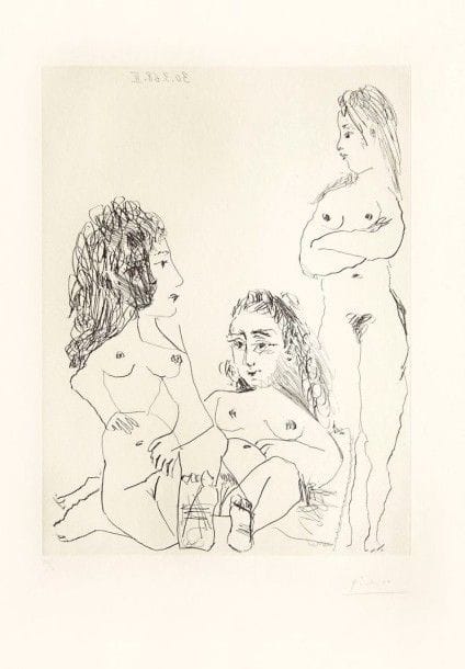 Pablo PICASSO

Trois femmes. (Série des 347, pl. 14). 1968. Eau-forte. 416 x 314. Bloch 1494 ; Baer 1510 B b 1. Parfaite épreuve sur vélin, numérotée et signée au crayon. Toutes marges. Tirage à 50 épreuves. Éd. de la galerie Leiris