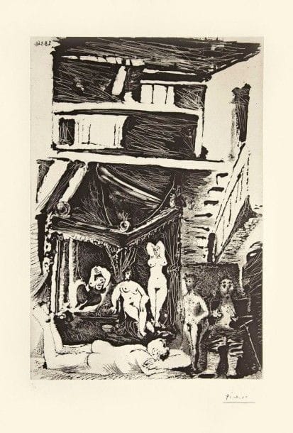 Pablo PICASSO

Vieil homme songeant à sa vie? (Série des 347, pl. 123). 1968. Aquatinte au sucre. 492 x 336. Bloch 1604 ; Baer 1619 B b 1. Très belle et fraîche épreuve sur vélin, numérotée et signée au crayon. Infime bande d?empoussiérage et légère trace de pli horizontal à gauche en pied. Toutes marges. Tirage à 50 épreuves. Éd. de la galerie Leiris