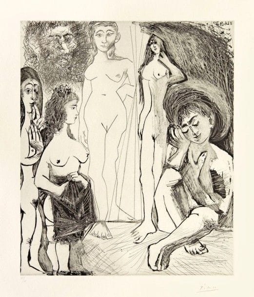 Pablo PICASSO

Jeune garçon rêvant : les femmes ! (Série des 347, pl. 180). 1968. Aquatinte au sucre, grattoir, pointe sèche et burin. 496 x 414. Bloch 1660 ; Baer 1676 III B b 1. Très belle et fraîche épreuve sur vélin, numérotée et signée au crayon. Infime empoussiérage en tête et en pied. Minuscule enfoncement au bord droit. Toutes marges. Tirage à 50 épreuves. Éd. de la galerie Leiris