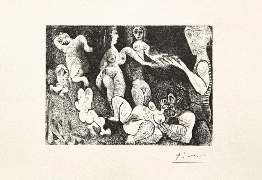 Pablo PICASSO

Marin rêveur avec deux femmes, couple, spectatrice et sculpture sur un escabeau. (Série des 156, pl. 9). 1970. Eau-forte, grattoir et pointe sèche. 149 x 207. Bloch 1864 ; Baer 1869 VII B a. Parfaite épreuve sur vélin, numérotée au crayon et timbrée (Lugt 2026e). Toutes marges. Tirage à 50 épreuves. Édition de la Galerie Leiris