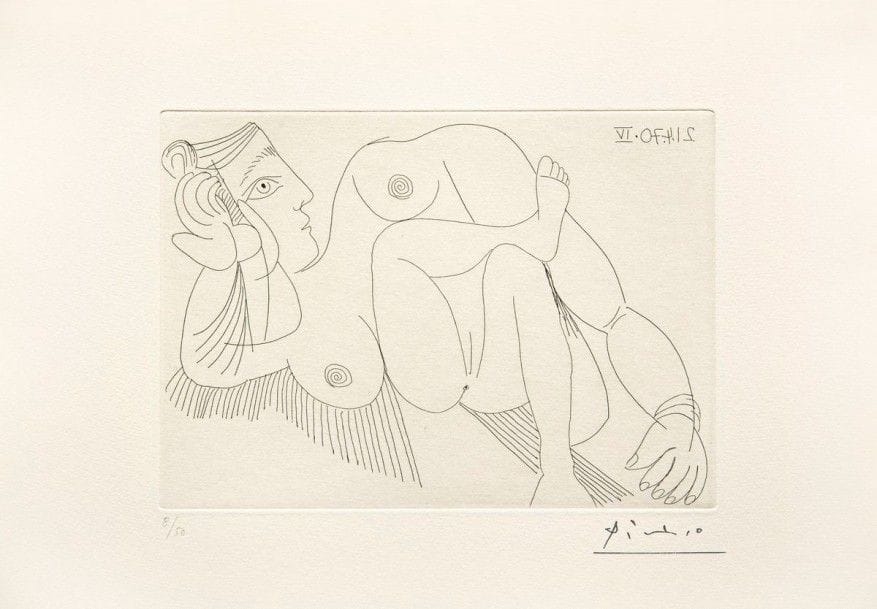 Pablo PICASSO

Odalisque aux jambes croisées. (Série des 156, pl. 41). 1970. Eau-forte. 149 x 207. Bloch 1896 ; Baer 1902 B a. Parfaite épreuve sur vélin, numérotée au crayon et timbrée (Lugt 2026e). Toutes marges. Tirage à 50 épreuves. Édition de la Galerie Leiris