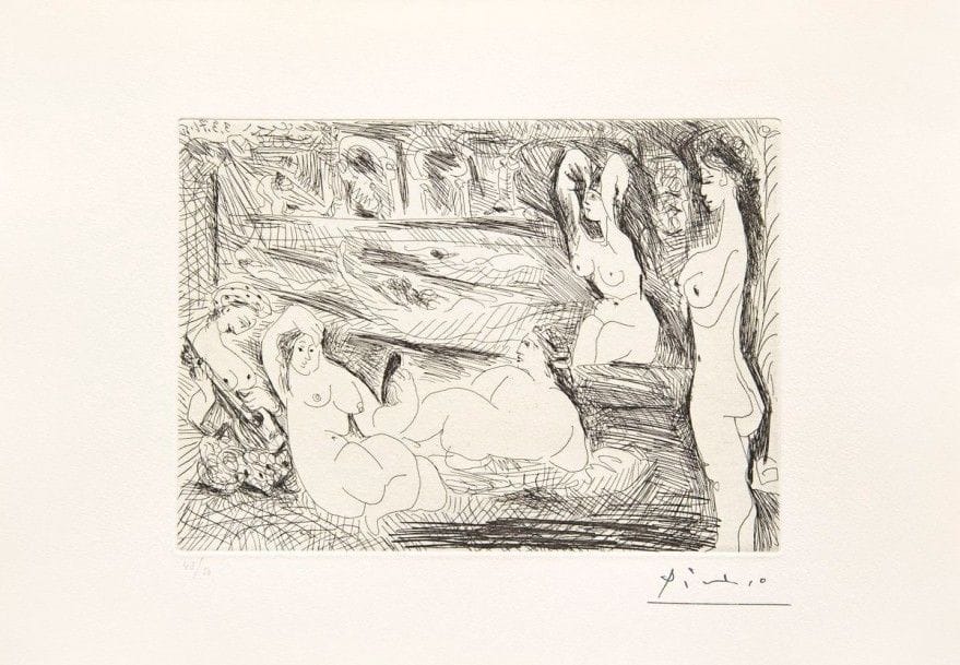 Pablo PICASSO

Autour du Bain turc. Femmes à la piscine. (Série des 156, pl. 63). 1971. Eau-forte. 149 x 206. Bloch 1918 ; Baer 1926 B a. Parfaite épreuve sur vélin, numérotée au crayon et timbrée (Lugt 2026e). Toutes marges. Tirage à 50 épreuves. Édition de la Galerie Leiris