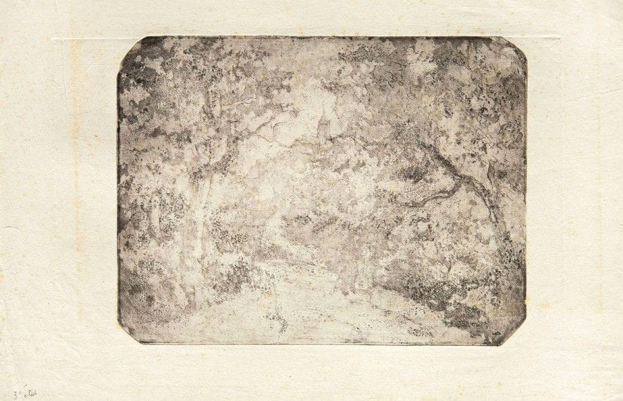 CAMILLE PISSARRO

Chemin sous bois à Pontoise. 1879. Eau-forte et aquatinte sur zinc. 163 x 216. Delteil 19. Très belle épreuve sur chine volant, du 3e état (sur 6), avant effaçage de l?arbre à droite, l?une des 5 ou 6 de cet état. Rousseurs claires éparses, traces d?oxydation, fines traces de plis et empreinte d?une autre plaque autour du sujet. Toutes marges. Tirage total à environ 40 épreuves, dont seulement une vingtaine du vivant de l?artiste