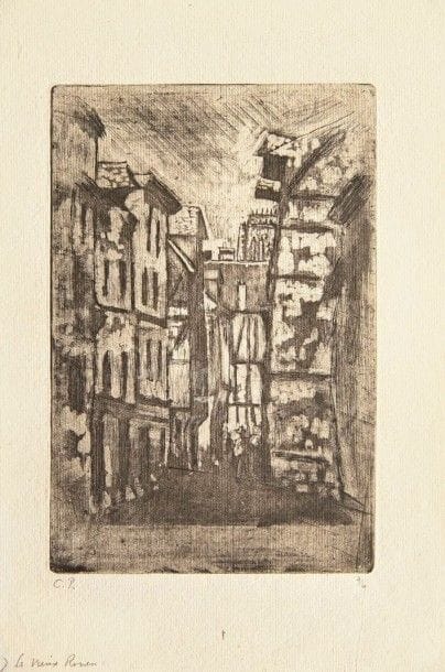 CAMILLE PISSARRO

Le Vieux Rouen (Rue Molière). 1896. Eau-forte et aquatinte. 221 x 147. Delteil 121. Très belle épreuve sur vergé mince, l?une des 6 du tirage de 1922-1923, timbrée (Lugt 613e) et numérotée au crayon, légèrement oxydée par places. Deux traces d?adhésif oxydées dans les angles supérieurs. Courte déchirure au bord gauche. Toutes marges. Rare. Tirage total à 8 épreuves environ, dont seulement 2 ou 3 du vivant de l?artiste