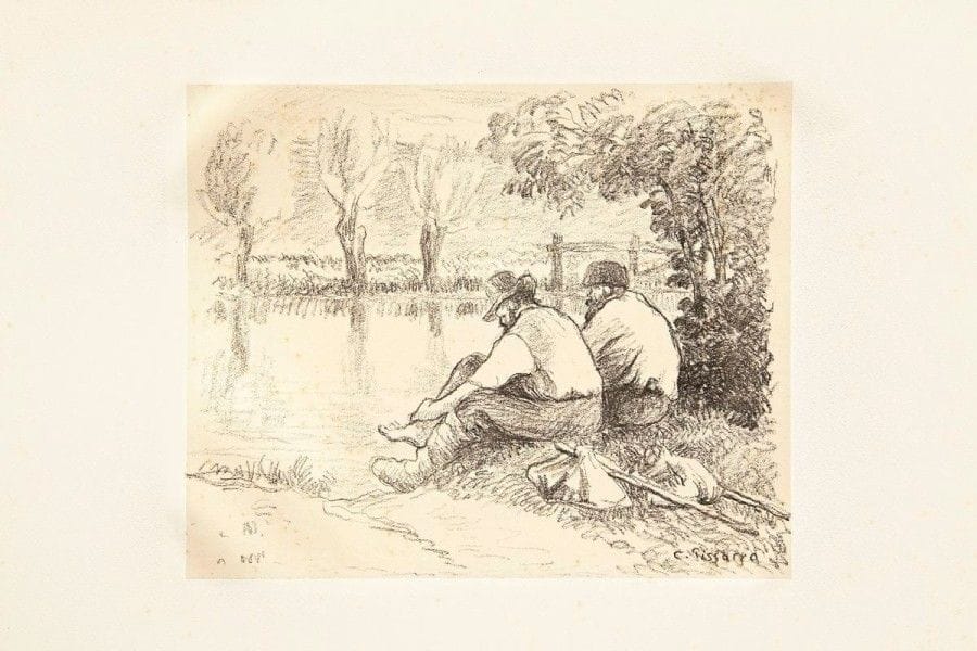 CAMILLE PISSARRO

Les Chemineaux. Vers 1894. Autographie. 224 x 278. Delteil 140. Très belle épreuve sur bulle rosâtre appliqué. Rousseurs claires éparses. Toutes marges. Rare. Tirage total à 18 épreuves, dont seulement 6 du vivant de l?artiste